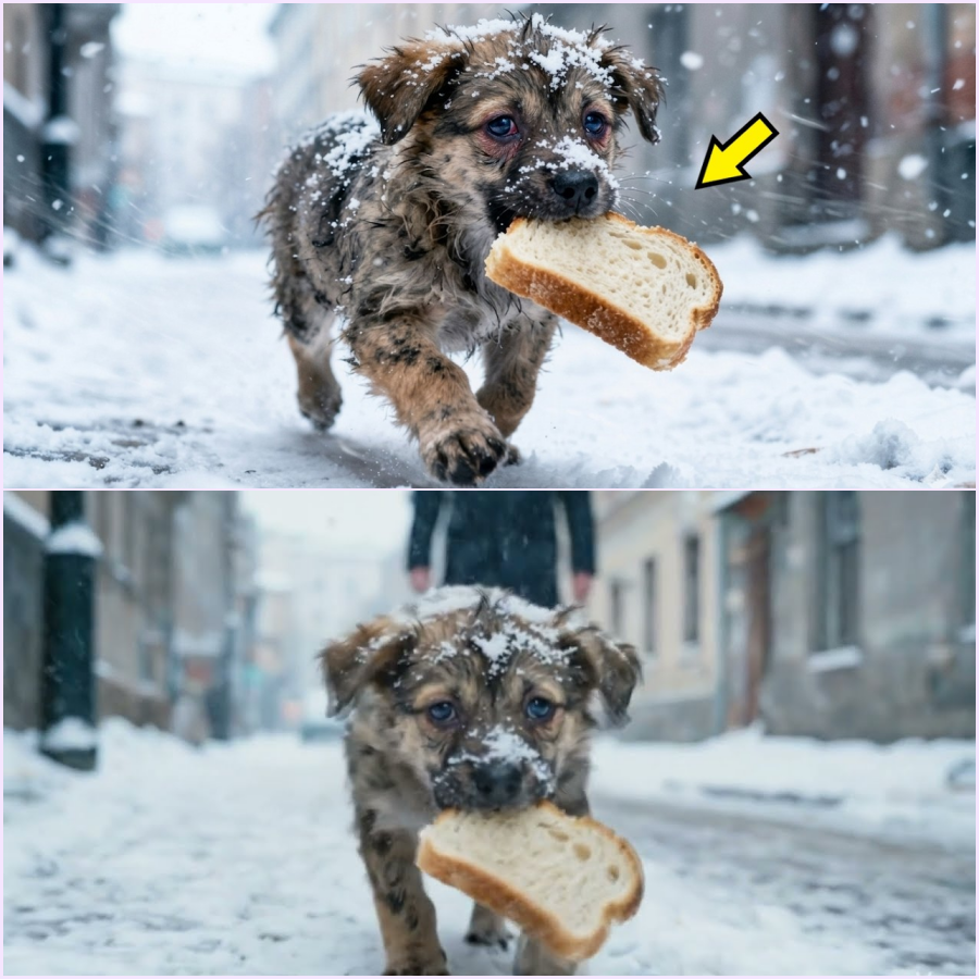 The puppy carried a piece of bread in its mouth for three kilometers. Seeing who it was carrying it
