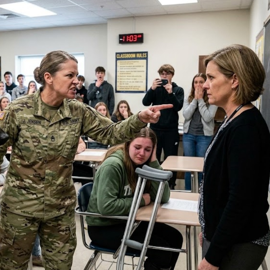 The Teacher Humiliated Her—Then a Soldier Walked In With a K9. “Say One More Word to My Daughter and We’re Done Talking.” In a Packed Classroom, a Cruel Teacher Targets a Girl on Crutches—Until Her Military Mom and a Calm German Shepherd Stop It Cold. JJ