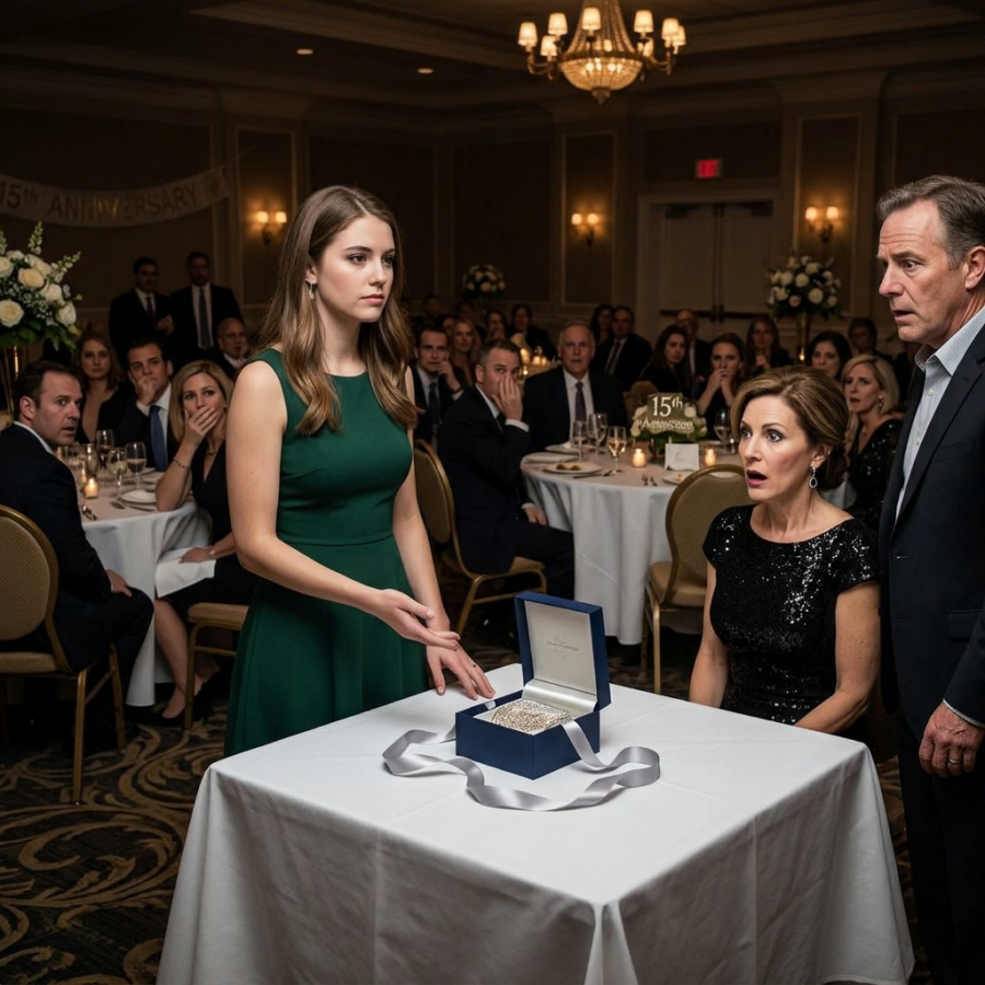 MY MOTHER LAUGHED WHEN I WALKED INTO HER 15TH ANNIVERSARY PARTY WITH A SMALL NAVY GIFT BOX, CALLED ME A FREELOADER IN FRONT OF FIFTY GUESTS, AND LET MY STEPFATHER SHOVE THE PRESENT BACK INTO MY CHEST LIKE I WAS STILL THE GIRL THEY THREW AWAY YEARS AGO—BUT THE SECOND I SET THAT BOX ON THE TABLE, UNTIED THE SILVER RIBBON, AND CALMLY ASKED EVERYONE IN THE BALLROOM TO LOOK INSIDE BEFORE THEY KEPT JUDGING ME, THE SMILES AROUND THE ROOM STARTED TO DIE, THE WHISPERS TURNED INTO STUNNED SILENCE, AND THE WOMAN WHO SPENT YEARS TELLING EVERYONE I WAS NOTHING REALIZED SHE HAD JUST REJECTED THE ONE GIFT THAT COULD HAVE CHANGED HER LIFE FOREVER JJ