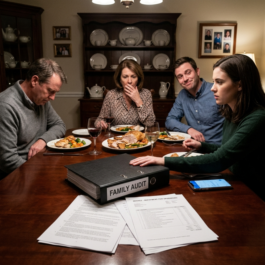 MY MOTHER SLID A 23-PAGE INVOICE ACROSS THE DINNER TABLE AND SAID I OWED HER $280,347.89 FOR “RAISING ME,” ITEMIZED FROM BABY FORMULA TO EMOTIONAL LABOR WHILE MY BROTHER SAT THERE SMIRKING AND MY FATHER STARED AT HIS PLATE—BUT THE SECOND I PULLED OUT MY PHONE, SENT THEM ALL THE SAME EMAIL, AND DROPPED A THICK BLACK BINDER ON THE MAHOGANY TABLE WITH MY OWN AUDIT OF EVERY DOLLAR THEY STOLE, EVERY ACCOUNT THEY OPENED IN MY NAME, AND EVERY CENT I’D SPENT KEEPING THAT FAMILY AFLOAT, THE ROOM WENT DEAD SILENT AND MY MOTHER FINALLY REALIZED SHE HAD JUST HANDED THE WRONG DAUGHTER A BILL JJ