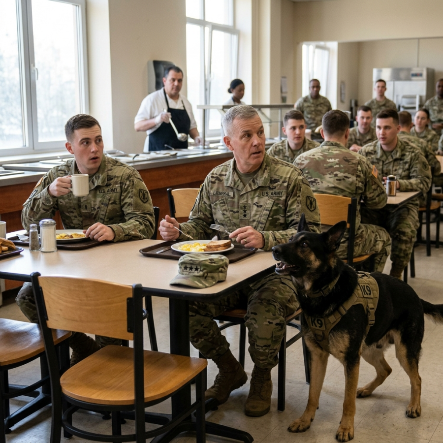 A three-star general asked to join me for breakfast, an unexpected and quiet moment that felt routine at first. But within minutes, his K9 reacted in a way that suddenly froze the entire base in tense silence.