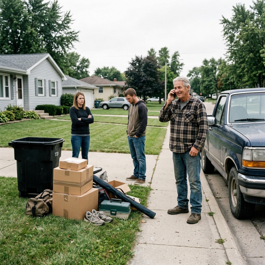 When I drove my pickup back from a weekend fishing trip, I froze when I saw all my belongings dumped beside the trash bin in front of the house; my daughter-in-law stood there coldly and said there was no room for me in that house anymore, while my son just stood silent — I simply smiled, pulled out my phone, made one call, and 3 days later they started frantically searching for me everywhere…