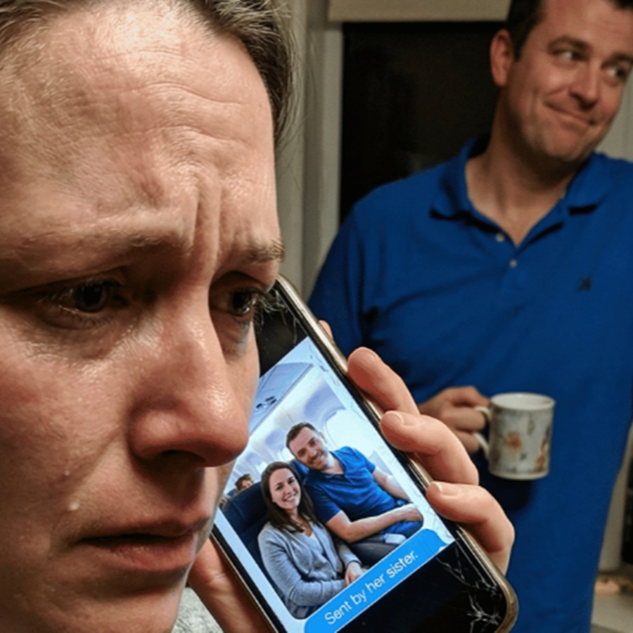 My sister, an airline pilot, called me. “I need to ask you something strange. Your husband… is he home right now?” “Yes,” I replied, “he’s sitting in the living room.” Her voice dropped to a whisper. “That can’t be true. Because I’m watching him with another woman right now. They just boarded my flight to Paris.” Just then, I heard the door open behind me… D