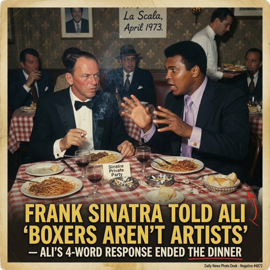 When Frank Sinatra Claimed Boxers Lacked Artistry, Muhammad Ali’s Brilliant Four-Word Reply Brought the Dinner to a Halt