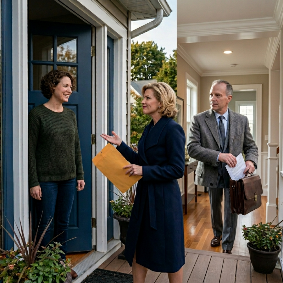 My husband’s new wife came to my door with a greedy smirk and said, “we’re here for our rightful share of your father’s estate, move out immediately,” but I just smiled as my lawyer walked in behind her.