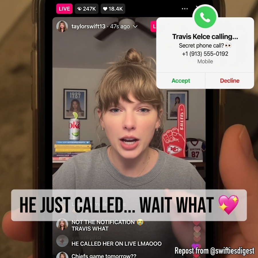 In a Digital Slip During an Instagram Live, Taylor Swift Accidentally Broadcasts Travis Kelce’s Highly Confidential and Mysterious Phone Conversation