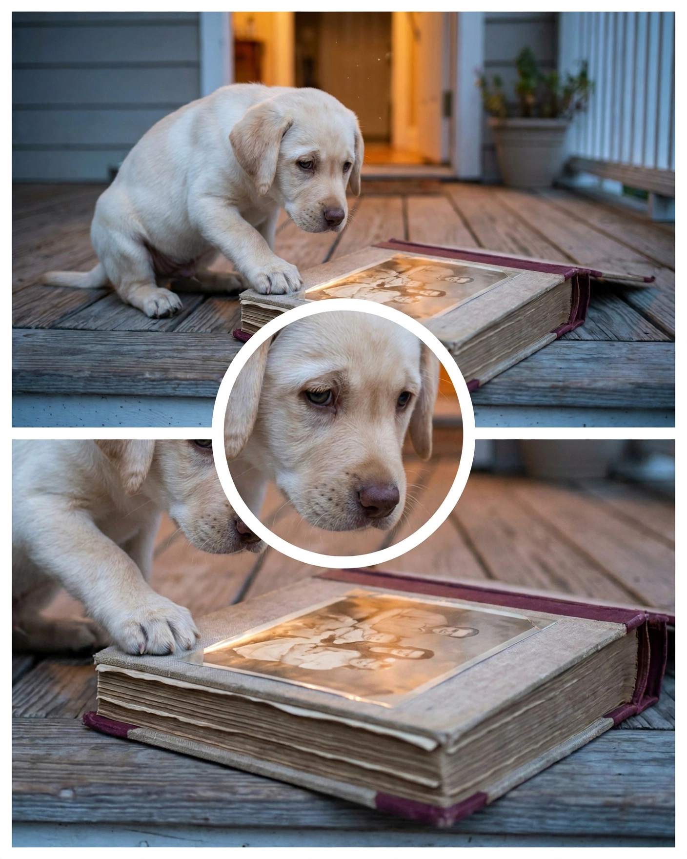 A Labrador Puppy Waited on My Porch Beside One Old Photo Album